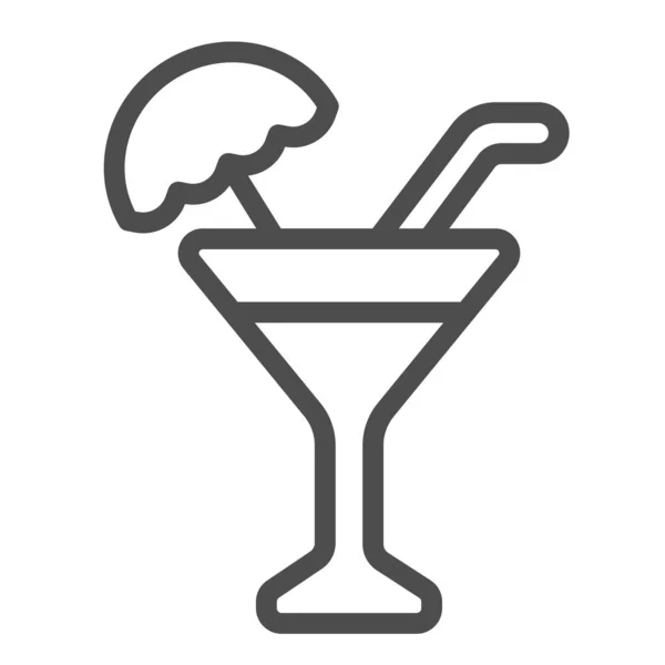 Cocktail in vetro con icona della linea di paglia e ombrello, concetto bevande, segno vettore bevande alcoliche su sfondo bianco, icona di stile di contorno per concetto mobile e web design. Grafica vettoriale. — Vettoriale Stock