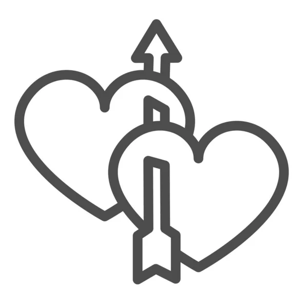 Dos corazones amantes perforados por el icono de la línea de flecha, concepto de citas, signo de vector de flecha de cupido en el fondo blanco, icono de estilo de esquema para el concepto móvil y el diseño web. Gráficos vectoriales. — Vector de stock