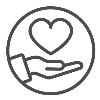 Çember çizgisi simgesinde kalp, flört konsepti, beyaz arka planda aşk vektör işareti, mobil konsept ve web tasarımı için taslak tarzı ikonu olan avuç içi. Vektör grafikleri.