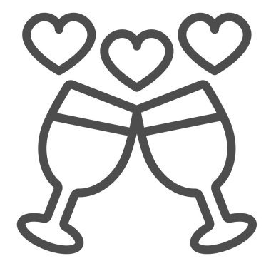 İki şarap kadehi ve kalp çizgisi ikonu, flört konsepti, beyaz arka planda randevu gecesi vektör işareti, mobil konsept ve web tasarımı için taslak tarzı ikon. Vektör grafikleri.