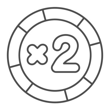 Kumarhane bonus çipi, blackjack çifte bahis ince çizgi ikonu, gamblimg konsepti, beyaz arka planda poker jetonu işareti, mobil konsept ve web tasarımı için taslak tarzı ikon. Vektör grafikleri.