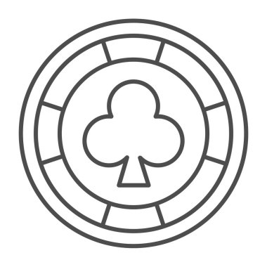 Kulüpler işaretli kumarhane çipi, poker parası ince çizgi ikonu, gamblimg konsepti, beyaz arka planda kumar sembolü işareti, mobil konsept ve web tasarımı için taslak tarzı ikon. Vektör grafikleri.