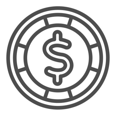 Dolar işaretli kumarhane çipi, bozuk para hattı ikonu, gamblimg konsepti, beyaz arka planda poker jetonu işareti, mobil konsept ve web tasarımı için taslak tarzı ikon. Vektör grafikleri.