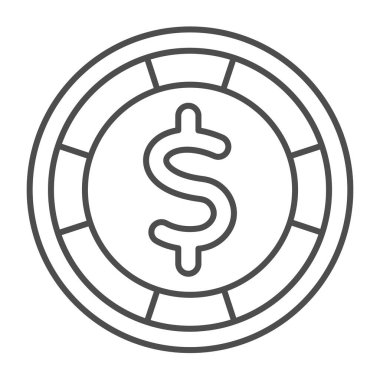 Dolar işaretli kumarhane çipi, madeni para çizgisi ikonu, gamblimg konsepti, beyaz arka planda poker jetonu işareti, mobil konsept ve web tasarımı için taslak tarzı ikon. Vektör grafikleri.