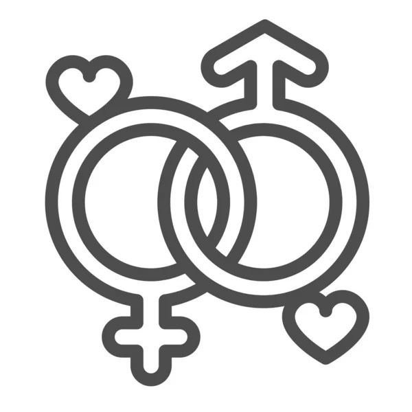 Два гендерних знаки з сердечками, значок лінії єдності, концепція датування, чоловічий і жіночий символ векторний знак на білому тлі, значок стилю контуру для мобільної концепції та веб-дизайну. Векторна графіка . — стоковий вектор