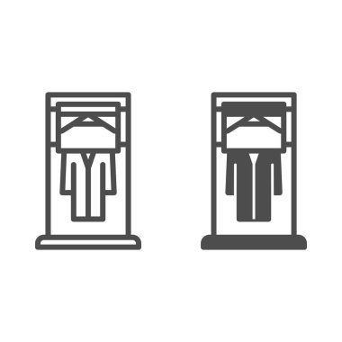 Giysi film ambalaj makinesi, giysi paketleme hattı ve katı ikon, temizlik konsepti, beyaz arka planda çamaşır vektörü işareti, mobil konsept ve web tasarımı için taslak tarzı ikon. Vektör grafikleri.