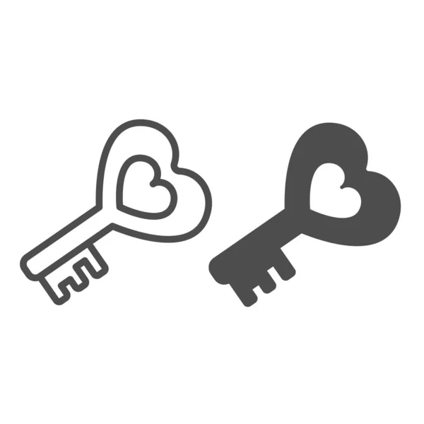 Romantyczny antyczny kształt serca linii klucza i solidna ikona, koncepcja randkowa, starożytny klucz z napisem wektor serca na białym tle, zarys stylu ikona dla mobilnej koncepcji i projektowania stron internetowych. Grafika wektorowa. — Wektor stockowy