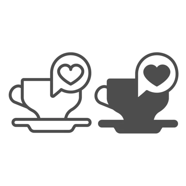 Ceramic cup on saucer and dialogue with heart line and solid icon, love concept, coffee date vector sign on white background, outline style icon for mobile concept and web design. Vector graphics. — Stock Vector