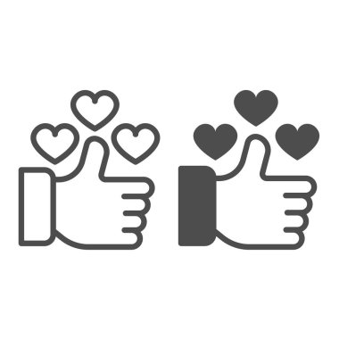 Başparmaklar yukarı ve kalpler, çizgi ve katı ikon gibi, flört konsepti gibi, beyaz arka planda el ve kalp vektör işareti gibi, mobil konsept ve web tasarımı için taslak stil simgesi. Vektör grafikleri.