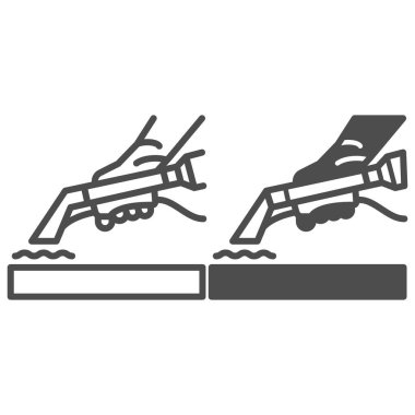 Temizlik maddesi çizgisi ve katı ikon ile yüzey tedavisi, kuru temizleme konsepti, beyaz arka planda leke kaldırma vektör işareti, mobil konsept ve web tasarımı için taslak biçimi simgesi. Vektör grafikleri.