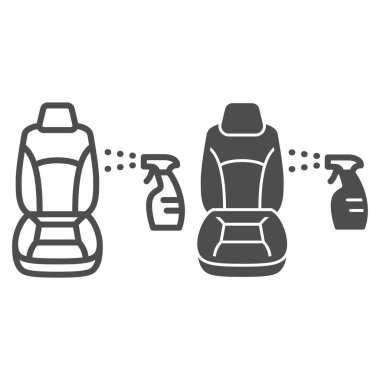 Araba koltuğu, sprey, kimyasal temizlik çizgisi ve katı ikon, temizlik konsepti, beyaz arka planda üstü açık koltuk yıkama vektör tabelası, mobil konsept ve web tasarımı için taslak tasarımı. Vektör grafikleri.