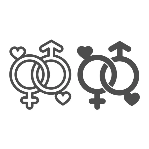 Два гендерних знаки з сердечками, лінія єдності та суцільна ікона, концепція знайомств, чоловічий та жіночий символ векторний знак на білому тлі, значок стилю контуру для мобільної концепції та веб-дизайну. Векторна графіка . — стоковий вектор
