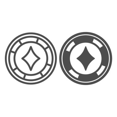 Elmaslı kumarhane çipi, poker madeni para hattı ve sağlam ikon, gamblimg konsepti, beyaz arka planda kumar sembolü işareti, mobil konsept ve web tasarımı için tasarım tasarımı için taslak tarzı simgesi. Vektör grafikleri.