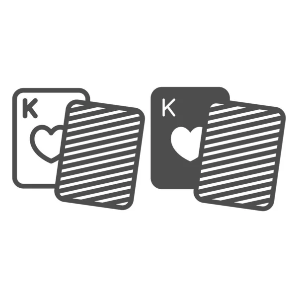 Dos cartas con la línea del rey de corazones e icono sólido, concepto de juego, signo de vector de juego de cartas sobre fondo blanco, icono de estilo de esquema para el concepto móvil y el diseño web. Gráficos vectoriales. — Archivo Imágenes Vectoriales