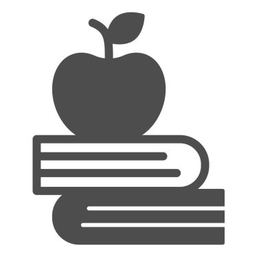 Kitap yığını ve elma, bilgi, çalışma, katı ikon, eğitim kavramı, beyaz arka planda vektör işareti okuma, mobil konsept ve web tasarımı için kabartma tarzı simge. Vektör grafikleri.