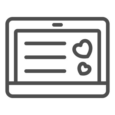 Dizüstü bilgisayarda aşk mektubu, kalp çizgisi simgesi, flört konsepti, beyaz arkaplanda aşk sohbeti vektör işareti, mobil konsept ve web tasarımı için taslak tarzı simgesi. Vektör grafikleri.