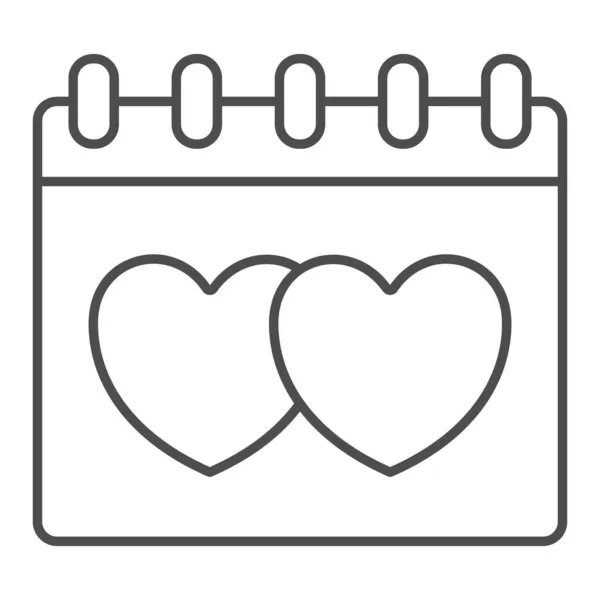 Dos corazones en el calendario, fecha, icono de línea delgada aniversario, citas concepto, San Valentín signo vectorial día sobre fondo blanco, icono de estilo de esquema para el concepto móvil y diseño web. Gráficos vectoriales. — Vector de stock