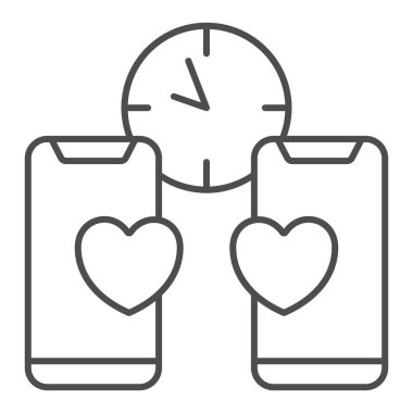 Telefon, kalp, saat, randevu, mesajlaşma, mesaj ince çizgi ikonu, hızlı randevu kavramı, beyaz arka planda sohbet vektör işareti, mobil konsept ve web tasarımı için taslak biçimi simgesi. Vektör grafikleri.