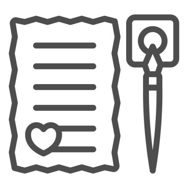 Kalp ve mürekkep çizgisi ikonu, flört konsepti, beyaz arkaplanda romantik mesaj vektör işareti, mobil konsept ve web tasarımı için taslak tarzı ikonu olan aşk mektubu. Vektör grafikleri.