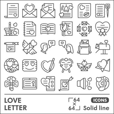Aşk mesajı çizgisi simgesi seti, aşk ve ilişkiler sembolleri koleksiyonu veya çizimleri. Sevgililer Günü web ve uygulama için doğrusal çizgi işareti. Beyaz arkaplanda izole edilmiş vektör grafikleri.