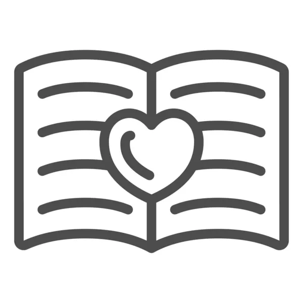 Açılmış kitap, kalp çizgisi simgesi olan defter, flört konsepti, beyaz arka planda aşk harfi vektör işareti, mobil konsept ve web tasarımı için taslak biçimi simgesi. Vektör grafikleri. — Stok Vektör