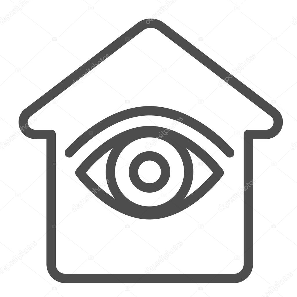 House with eye, under surveillance, security line icon, CCTV concept, home safety vector sign on white background, outline style icon for mobile concept and web design. Vector graphics