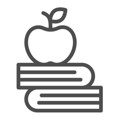 Kitap yığını ve elma, bilgi, çalışma, öğrenme çizgisi ikonu, eğitim konsepti, beyaz arka planda vektör işareti, mobil konsept ve web tasarımı için taslak tarzı ikonu. Vektör grafikleri.
