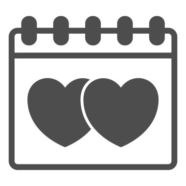 Takvimde iki kalp, tarih, yıldönümü katı ikonu, flört konsepti, beyaz arka planda sevgililer günü vektör işareti, mobil konsept ve web tasarımı için glyph tarzı simge. Vektör grafikleri.