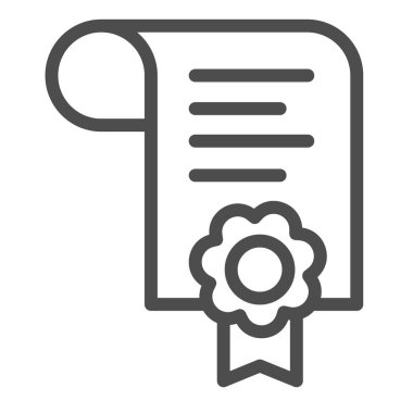 Balmumu mühür ve kurdeleli sertifika, belge satırı ikonu, eğitim konsepti, beyaz arka planda harf vektör işareti, mobil konsept ve web tasarımı için taslak biçimi simgesi. Vektör grafikleri.