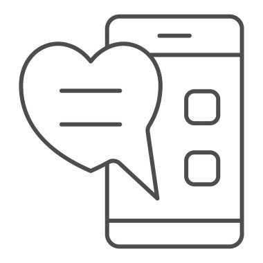 Akıllı telefon ekranı, kalp, sohbet ince çizgi ikonu, flört konsepti, beyaz arka planda mesaj vektör işareti, mobil konsept ve web tasarımı için taslak biçimi simgesi. Vektör grafikleri.