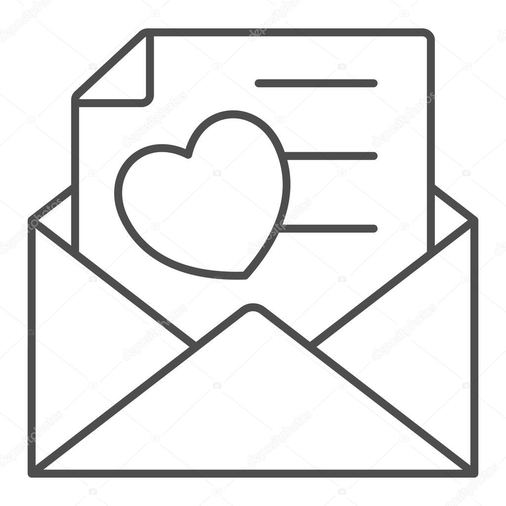 Opend envelope, love letter with heart thin line icon, dating concept, romantic message vector sign on white background, outline style icon for mobile concept and web design. Vector graphics.