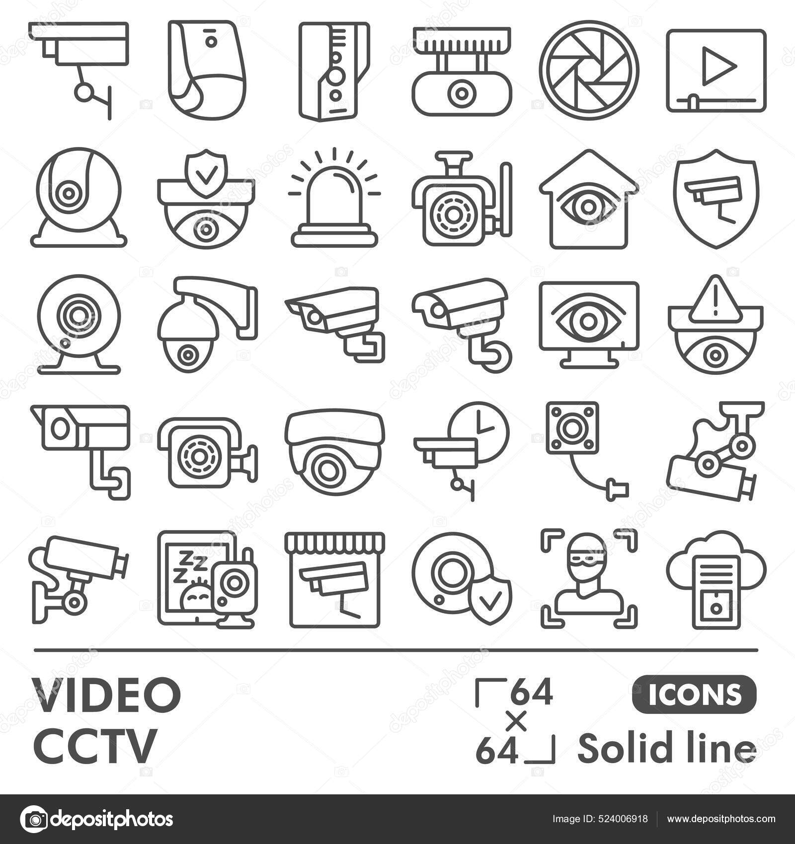 비디오 cctv 라인 아이콘 세트, 안전 제어 기호 수집 또는 스케치. 감시 카메라, 웹 과 앱용 직선 양식 간판. 흰색 배경에 분리  된 벡터 그래픽. 스톡 벡터 - ©sabustock 524006918, image size:1600x1700