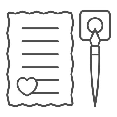 Kalp ve mürekkep kalem ince çizgi ikonu, flört kavramı, beyaz arkaplanda romantik mesaj vektör işareti, mobil konsept ve web tasarımı için taslak tarzı ikonu olan aşk mektubu. Vektör grafikleri.