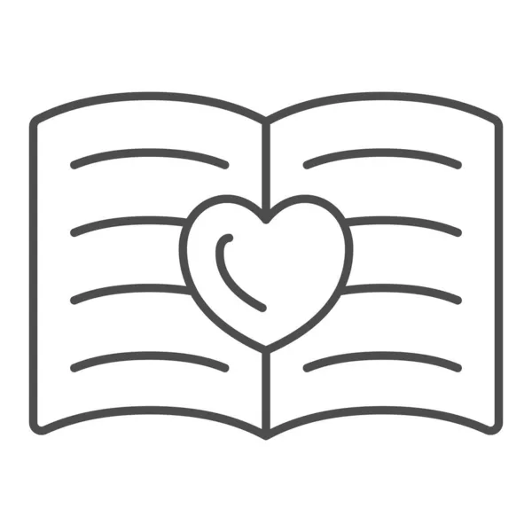 Livro aberto, notebook com ícone de linha fina coração, namoro conceito, sinal de vetor carta de amor no fundo branco, ícone de estilo esboço para o conceito móvel e web design. Gráficos vetoriais. — Vetor de Stock