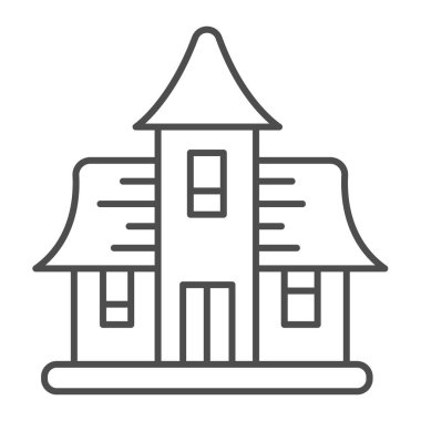 Lanetli ev, terk edilmiş bina, lanetli malikane çizgisi ikonu, cadılar bayramı konsepti, beyaz arka planda köşk vektör işareti, mobil konsept ve web tasarımı için taslak stil ikonu. Vektör grafikleri.