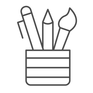 Açık kalem kutusu, fırça, kalem, kalem, okul ince çizgi ikonu, eğitim konsepti, beyaz arka planda kırtasiye vektör işareti, mobil konsept ve web tasarımı için taslak biçim simgesi. Vektör grafikleri.