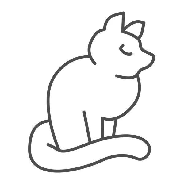 Czarny kot, siedzi, halloween, kotek cienka ikona linii, koncepcja halloween, niezadowolony kot wektor znak na białym tle, ikona stylu zarys dla mobilnej koncepcji i projektowania stron internetowych. Grafika wektorowa. — Wektor stockowy