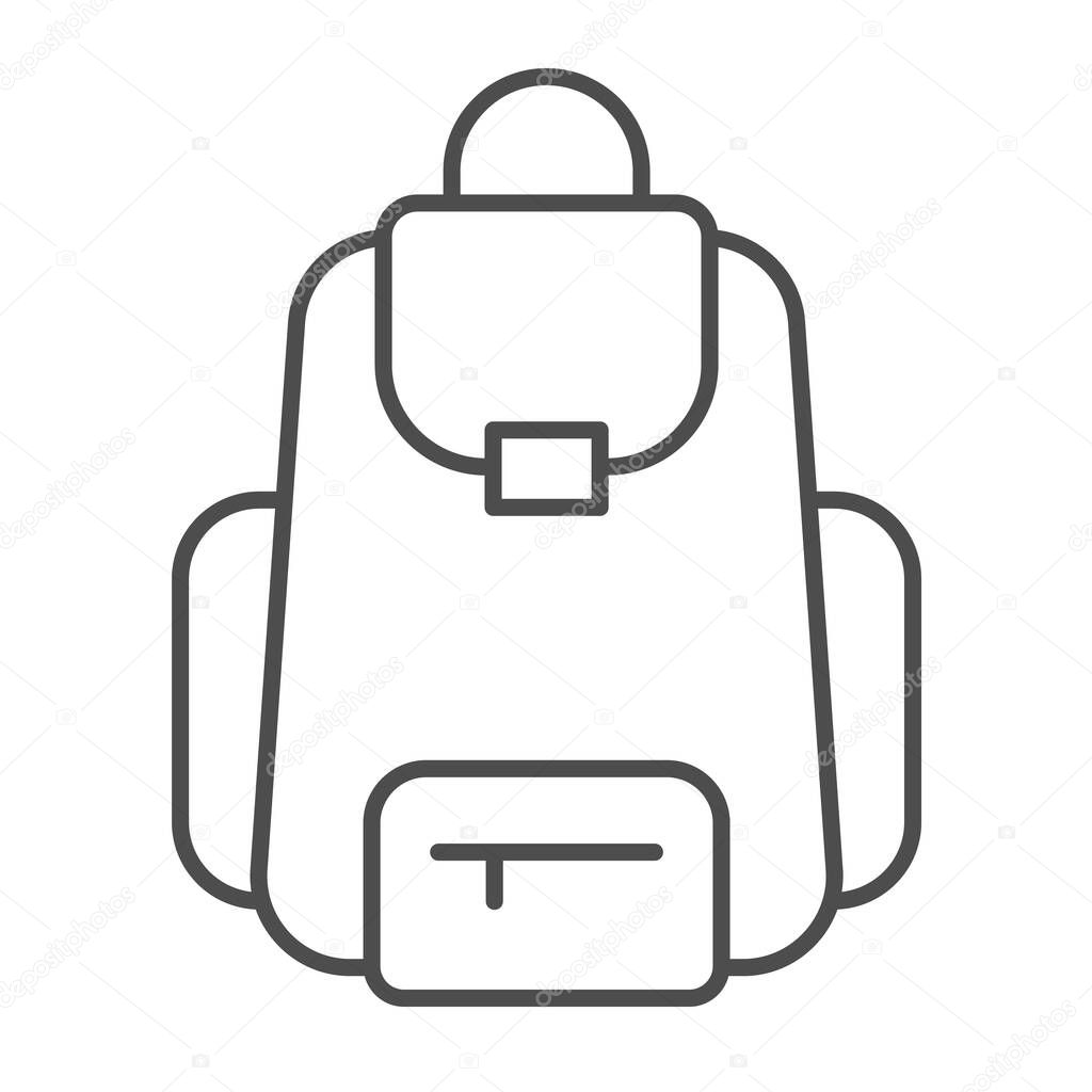 School bag with pockets, backpack, hiking thin line icon, education concept, rucksack vector sign on white background, outline style icon for mobile concept and web design. Vector graphics