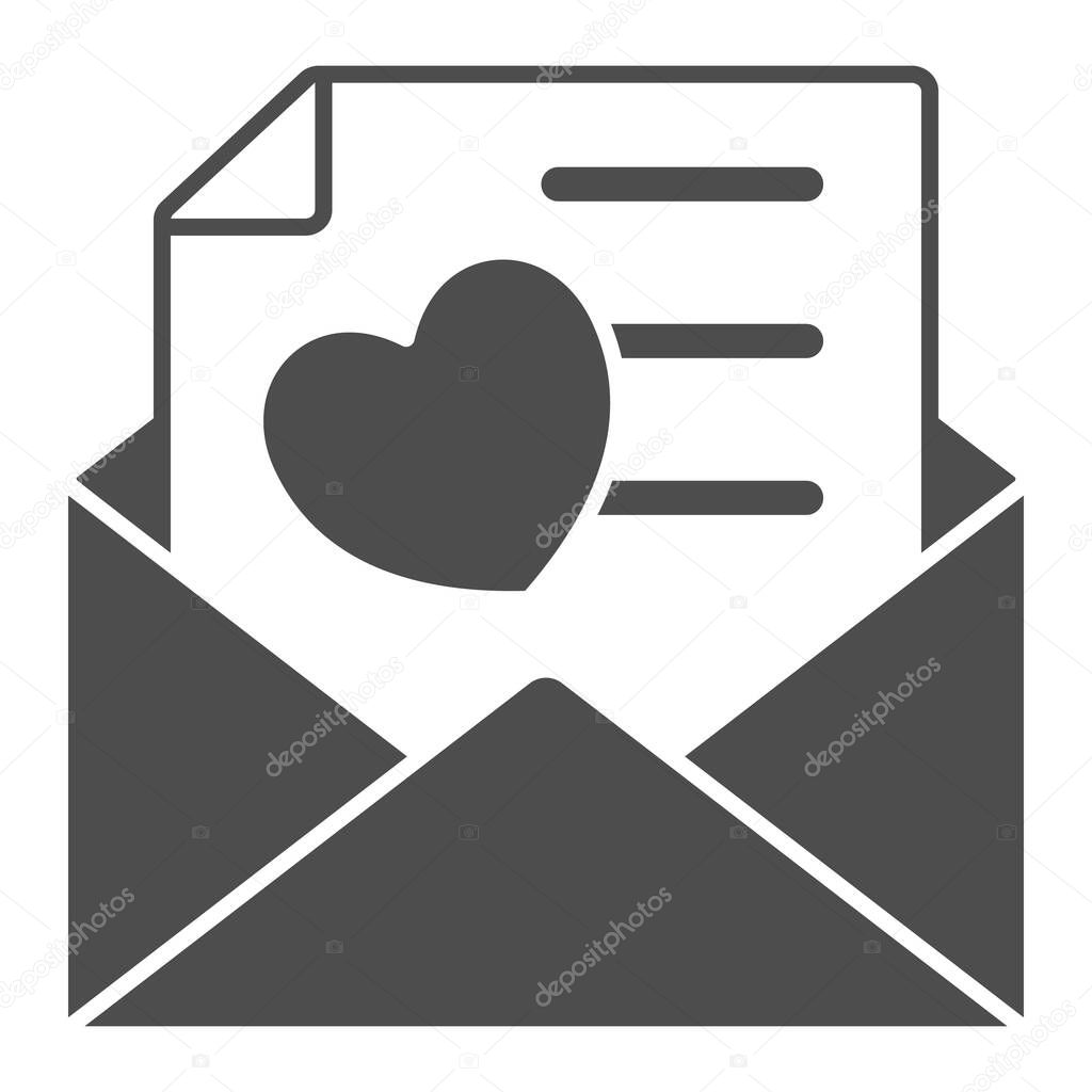 Opend envelope, love letter with heart solid icon, dating concept, romantic message vector sign on white background, glyph style icon for mobile concept and web design. Vector graphics.