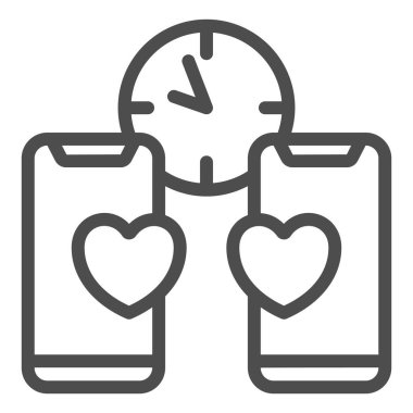 Telefon, kalp, saat, randevu, mesajlaşma, mesaj hattı ikonu, hızlı randevu konsepti, beyaz arka planda sohbet vektör işareti, mobil konsept ve web tasarımı için taslak biçimi simgesi. Vektör grafikleri.