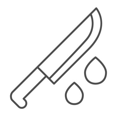 Bıçak ve kan damlaları, katil, manyak ince çizgi ikonu, cadılar bayramı konsepti, beyaz arka planda kanlı bıçak vektör işareti, mobil konsept ve web tasarımı için taslak tarzı ikon. Vektör grafikleri.