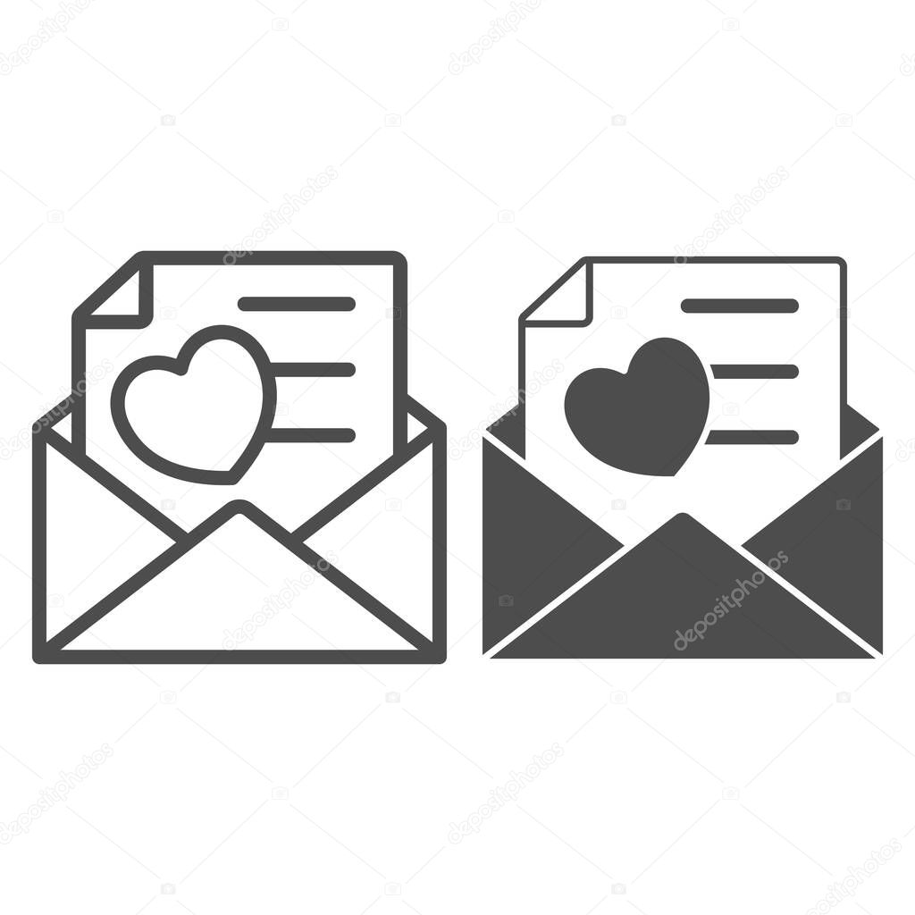 Opend envelope, love letter with heart line and solid icon, dating concept, romantic message vector sign on white background, outline style icon for mobile concept and web design. Vector graphics.