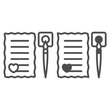 Kalp ve mürekkep kalem satırlı aşk mektubu ve katı ikon, flört konsepti, beyaz arka planda romantik mesaj vektör işareti, mobil konsept ve web tasarımı için taslak tarzı ikon. Vektör grafikleri.