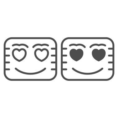 Kalp gözlü aşk mektubu, gülen yüz ve sağlam ikon, flört konsepti, beyaz arka planda aşk mesajı vektör işareti, mobil konsept ve web tasarımı için taslak tarzı ikonu. Vektör grafikleri.