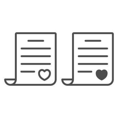 Aşk mektubu, kalp çizgisi ve sağlam ikona sahip kağıt, aşk ve flört konsepti, beyaz arka planda romantik mesaj vektör işareti, mobil konsept ve web tasarımı için taslak tarzı ikon. Vektör grafikleri.