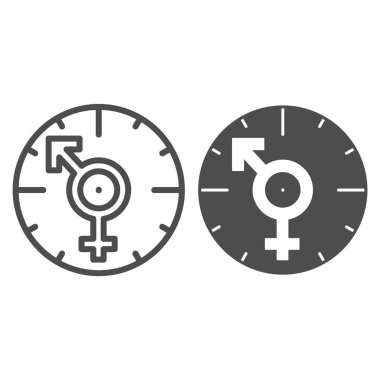 Saat, erkek ve kadın sembolleri, oklar, aşk çizgisi ve katı ikon, flört kavramı, beyaz arka planda saat vektör işareti, mobil konsept ve web tasarımı için taslak biçim ikonu. Vektör grafikleri.