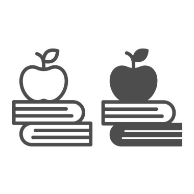 Kitap yığını ve elma, bilgi, çalışma, öğrenme hattı ve sağlam ikon, eğitim konsepti, beyaz arka planda vektör işareti, mobil konsept ve web tasarımı için taslak biçimi simgesi. Vektör grafikleri.