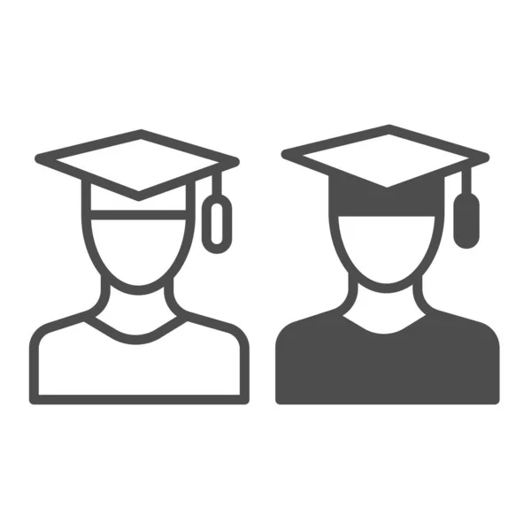 Studente che indossa cappello laureato, linea di laurea accademica e icona solida, concetto di istruzione, segno vettore cap su sfondo bianco, icona di stile di contorno per il concetto di mobile e web design. Grafica vettoriale. — Vettoriale Stock