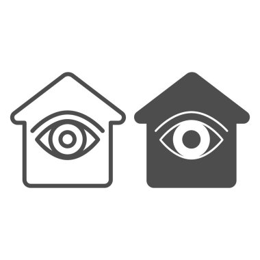 Gözlü ev, gözetim altında, güvenlik hattı ve sağlam ikon, CCTV konsepti, beyaz arka planda ev güvenliği vektör işareti, mobil konsept ve web tasarımı için tasarım tasarımı için taslak tarzı simge. Vektör grafikleri.