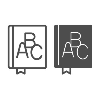 ABC, ders kitabı, sözlük, alfabe satırı ve sağlam ikon, eğitim konsepti, beyaz arkaplanda vektör işareti, mobil konsept ve web tasarımı için taslak stil simgesi içeren kitap. Vektör grafikleri.